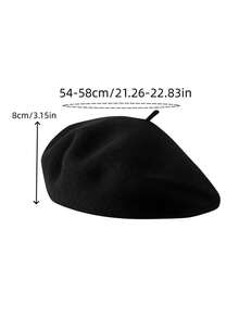 1pc Unisex Beret Hat, Couple Style - Black - View 3