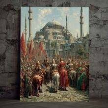 Arte de Pared del Imperio Otomano 2D Plano, 1 pieza - 30.48x40.64cm Pintura Histórica Sin Marco Sultán Mehmed II y Horizonte, Impresión en Lienzo de Mapa Vintage del Imperio Otomano para Decoración de Oficina, Regalo Educativo de Historia Islámica, 2D Plano - Sin marco - Ver 1