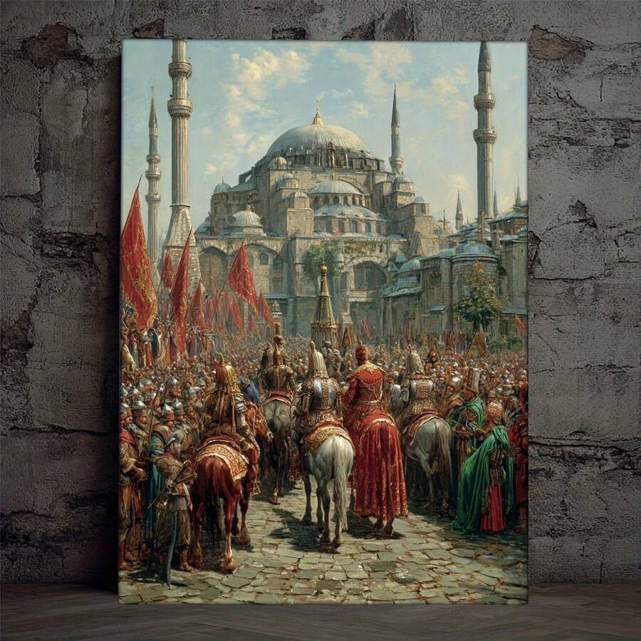 Arte de Pared del Imperio Otomano 2D Plano, 1 pieza - 30.48x40.64cm Pintura Histórica Sin Marco Sultán Mehmed II y Horizonte, Impresión en Lienzo de Mapa Vintage del Imperio Otomano para Decoración de Oficina, Regalo Educativo de Historia Islámica, 2D Plano - Sin marco - Ver 1