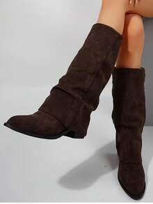 Suede Knee-High Boots For Autumn/Winter, French Style With Chunky Heel And Pointed Toe. Ref 9002 - 咖啡棕 - 查看 14