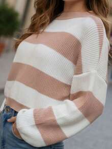 Women's Striped Knit Blouse With Long Sleeves And Round Neck - Versatile Winter - 咖啡棕色 - 查看 3