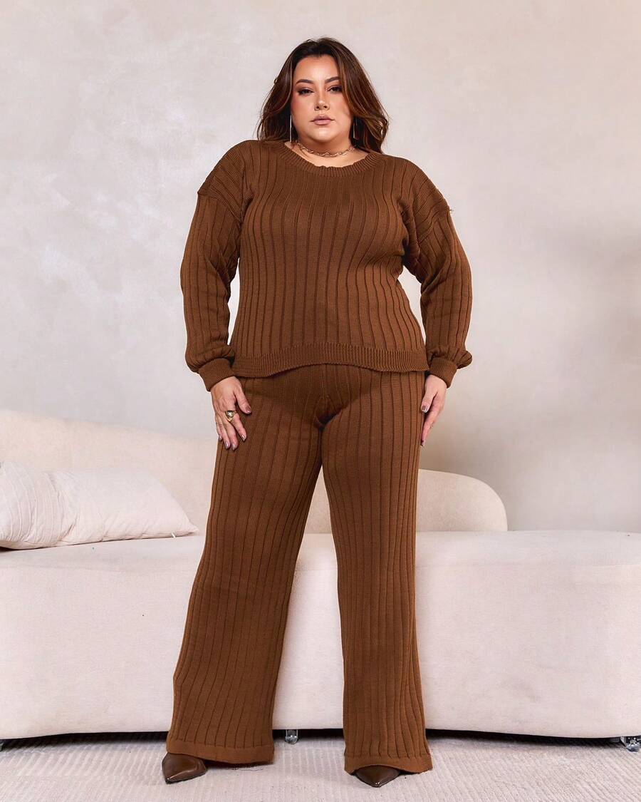 Plus Size Women's Ribbed Knit Set For Winter - Blouse And Wide-Leg Pants - Camel - View 1