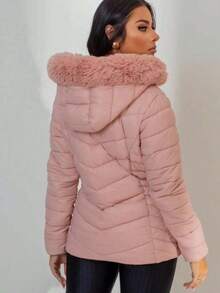 Women's Puffer Jacket With Faux Fur Lining, Comfortable And Stylish - Pink - View 2