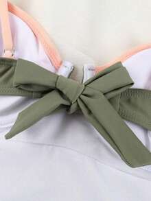 Black & White Patchwork One-Piece Swimsuit Vacation Beach Summer - Army Green - View 7