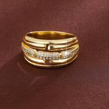 1pc Fashionable Geometric Criss-Cross Design Cubic Zirconia Inlaid Wide Band Ring, Casual Gift - Multicolor - View 7