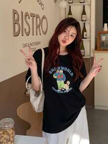 女士休闲卡通字母印花短袖圆领T恤，夏季 - 黑色 - 查看 1