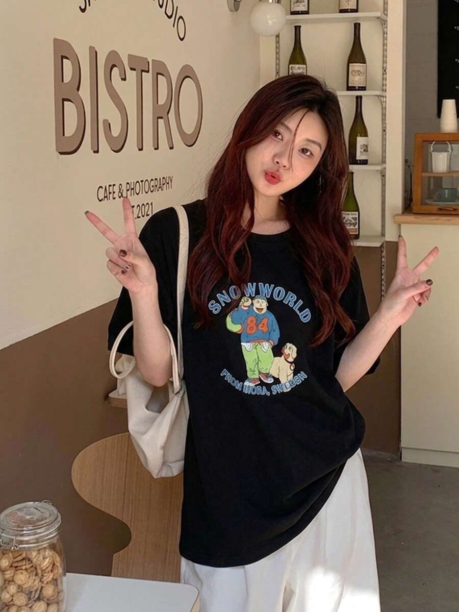 女士休闲卡通字母印花短袖圆领T恤，夏季 - 黑色 - 查看 1