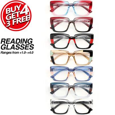 7pcs Fashion Large Frame Reading Glasses Set, Comfortable Spring Hinged Readers, Unique Color Combinations, Satisfy Your Daily Outfit Needs