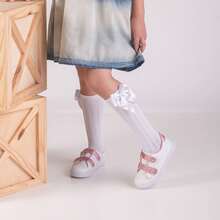 Children's 3/4 Party Socks 16-33 Satin Bow Long Shaft Youth Girl Baptism Wedding Flower Girl Social Dance Events Elegant Quality Soft Touch Coquette Korean Anime Schoolgirl - 白色和粉紅色 - 查看 5