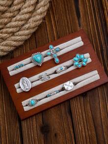 10pcs Vintage Faux Turquoise Rings Set, Oval Carved Faux Turquoise, Heart & Cross Design Rings For Women - Silver - View 4