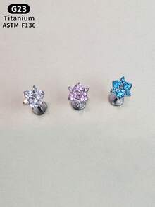 1件 ASTM F136 钛金属内螺纹平底耳钉，小圆花立方氧化锆耳钉，G23 钛金属耳骨耳廓鼻唇穿孔饰品，适合敏感耳，男女通用，粉色/蓝色 - 1Pc-Titanium - 查看 6