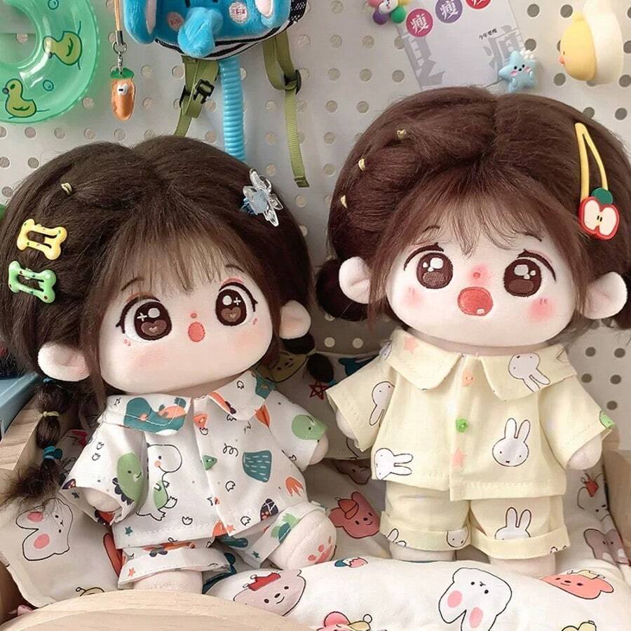 20cm Doll Clothes Set, Including 2pcs Outfit - Shirt And Pants, Cartoon Print Style, Cute Clothing Set, Doll Dress Up, Adorable, Plush Doll Costume, Party Favors, Birthday Gift (Doll And Shoes Not Included) - Multicolor - View 1