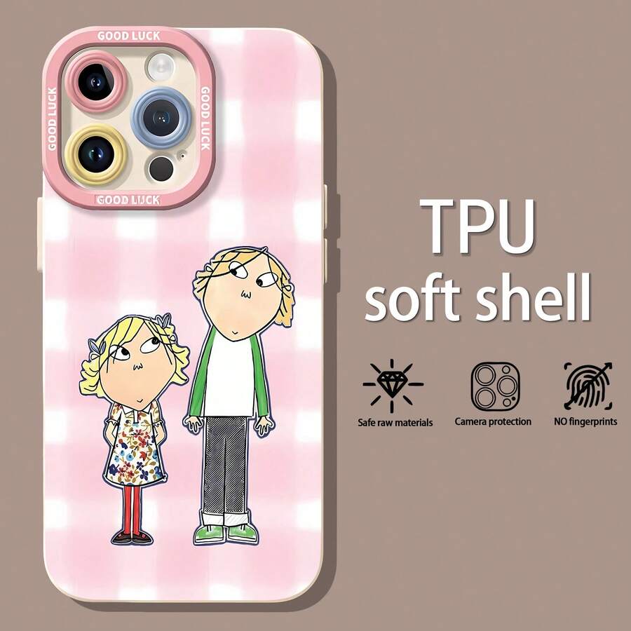 Charlie Lola, fondo rosa, dibujo animado sencillo.funda de teléfono Fundas compatibles con ,Apple,VIVO,OPPO,,, y Honor.Fabricadas en silicona TPU,ofrecen protección contra golpes y caídas. - Blanco - Ver 1