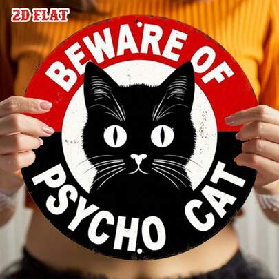 1pc 2D Flat Single Piece Warning Sign, Spiritual Cat Round Logo, Black Cat 7.8X7.8 Round Logo - Warning Sign Rural Wall Art, Wall Decor, Suitable For Home, Garage, Restaurant, Cafe Wall Decor Sign, Pre-Drilled Holes As Shown In Size