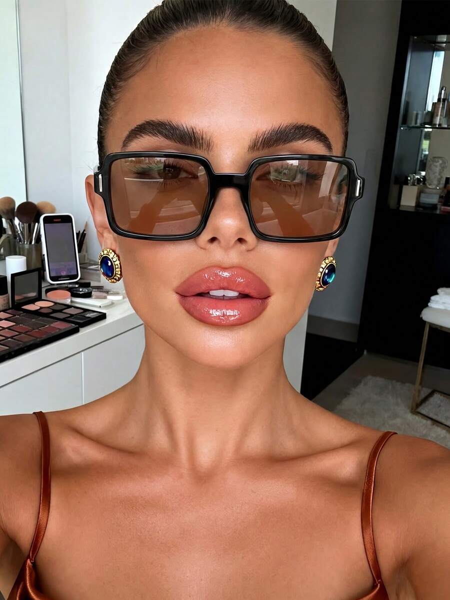 1 Pair Women's Square Small Frame Brown Vintage Fashion Sunglasses, Suitable For Outdoor Activities, Travel, Sports Style, Driving, Beach, Electronic Music Festival, Outfits, Vacation, Golf, Hiking, Street, Fishing - Black Tea - View 1