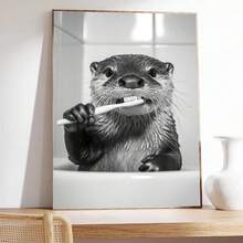 1pc Framed Canvas Wall Art, Interesting Otter Brushing Teeth Design, Vintage Bathroom Wall Decor, Minimalist Wall Decoration, Modern Art, Contemporary Home Decor, Living Room Wall Art, Fashion Art, Room Decoration, Dorm Decor, Bedroom, Bathroom, Home Decor, Office, Retro Poster, Dining Room, Aesthetic Art, Gift For Friends, Housewarming Gift, Party Decoration - Multicolor - View 5