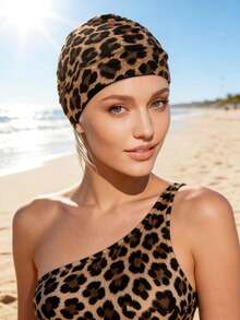 1PC Leopard Print Pleated Swim Capsuitable,Elastic Fabric, For Long Hair And Large Head Sizes,Perfect For Summer Pool Parties And Birthday Gifts. - A - View 7