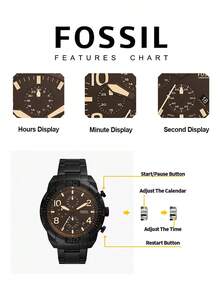 Fossil Đồng hồ đeo tay nam máy quartz, vỏ thép không gỉ, có chức năng bấm giờ, 3 mặt số phụ, kiểu dáng công sở thường ngày, phù hợp để đeo hàng ngày. FS5876 - màu đen - Xem 5