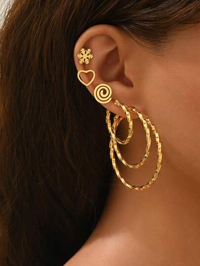 6 pares de pendientes de botón de acero inoxidable con diseños de corazón y copo de nieve, pendientes versátiles de uso diario para mujeres