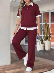Bộ 2 món dành cho nữ, áo thun tay ngắn cổ polo và quần ống rộng cạp chun, áo polo màu đỏ tía phối cổ tương phản với quần ống rộng, thích hợp cho các hoạt động thể thao ngoài trời, tập thể dục, đi làm, mặc thường ngày vào mùa xuân và mùa hè. - Màu Đỏ Sâu - Xem 2