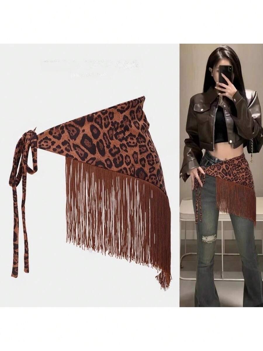 1 pieza Cinturón vintage con estampado de leopardo y flecos, decoración de cintura con lazo para estilo de tierra baldía