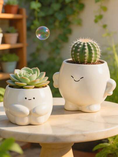 Cute Smiling Face Planter Sculpture - Creative Cartoon Small Statue Planter, Suitable For Outdoor Garden Yard Decor, Charming Decorative Potted Plant Accent For Yard, Balcony, Green Plants, Ideal Adorable Gardening Sculpture For Succulent & Cactus Lovers To Enhance Home Aesthetics