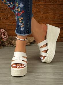 Thick Sole Slippers For Women, Casual Outdoor Wear, Comfortable Non-Slip Wedge Strap Sandals, Summer - White - View 5