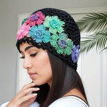 A Women's Multi-Color  Bohemian Crochet Hat, New Spring/Summer Style, Artistic Colorful Floral Hollow-Out Headwrap, Knitted Wool Hat, Beanie (Flower Color Random) - Khaki 1 - View 4