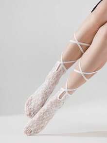 1 đôi tất ren mỏng màu đen/trắng/xám kiểu mới mùa xuân/hè, có quai chéo. - Nhiều màu - Xem 8