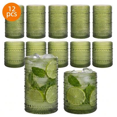 Tomnk 12-Piece Hobnail Cup Set, 10oz 12oz Clear Embossed Highball Glasses, Cocktail & Drinking Cups For Home Bar Kitchen, Outdoor Camping, Picnic And Travel, Wedding