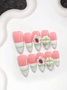 10片裝糖果風手工穿戴甲，Polygel美甲套組，手工製作，花朵與草莓圖案，綠色、白色、紅色指甲油，清新風格，含美甲工具，3種尺寸可選，杏仁形、鴨嘴形、棺材形，適合派對、跳舞、日常配戴 - 彩色 - 查看 16