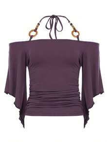 Sexy Off-Shoulder Ringed Wooden Beaded Halter Top For Women With Bell Sleeves, Irregular Niche Hot Girl T-Shirt, Ruched Slim-Fit  Style - 紫色 - 查看 6