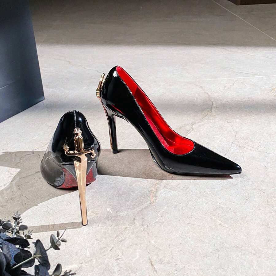 New Gold-Plated Scepter With Red Floral Pattern And Stiletto Heel, Elegant Black Patent Leather High Heels For Women. - Da bóng màu đen - (8 cm) - Xem 1