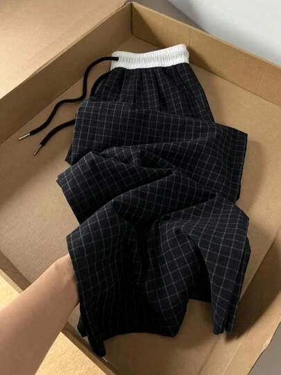 SAOYANGYU Women's Casual Plaid Print Contrast Color Drawstring Waist Loose Wide Leg Pants, Suitable For Summer Daily Commute Spring Black