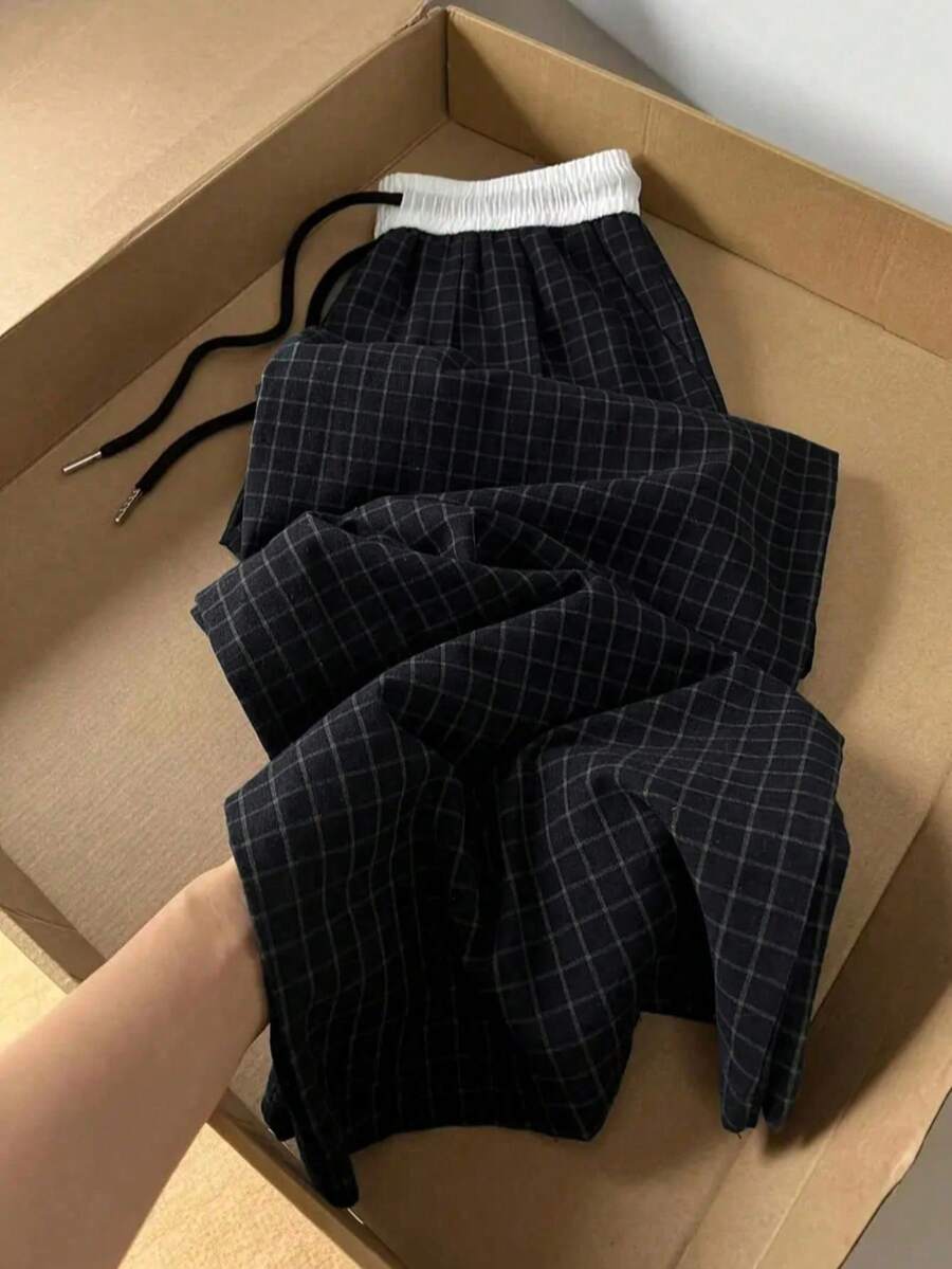 SAOYANGYU Women's Casual Plaid Print Contrast Color Drawstring Waist Loose Wide Leg Pants, Suitable For Summer Daily Commute Spring Black ,Petite Women - Black - View 1