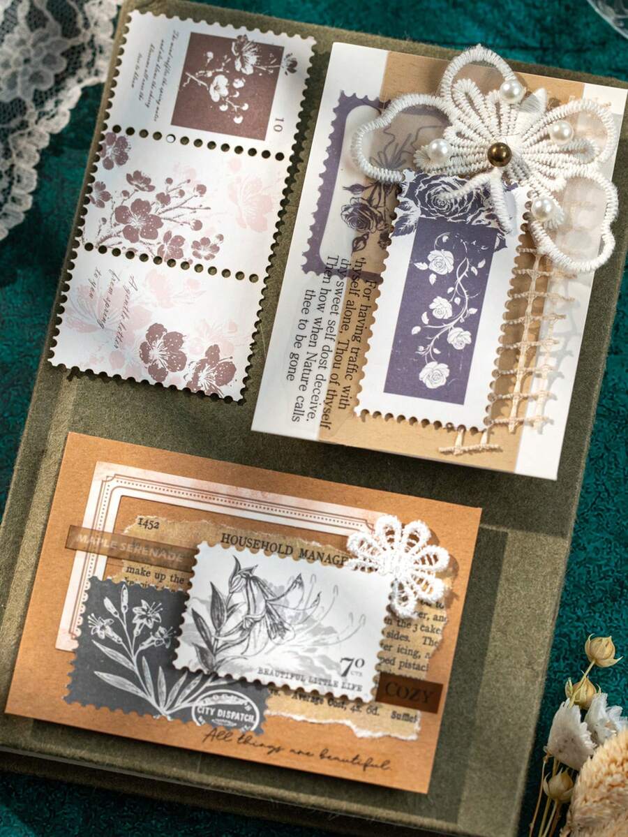 1set/6pcs Retro Bill Style Decorative Stickers, Vintage Plant Stamp Bill Sticker Set, Suitable For Student Craft Enthusiasts, Planner Making, Daily Decoration, Applicable To Back To School Season, Mother's Day Greeting Card Decoration, Holiday Party Craft Making Scrapbook Supplies Scrapbooking
