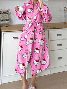 SANRIO 1pc Hello Kitty Women's Plush Robe, Cute & Elegant, Warm & Comfortable For Autumn/Winter - Hot Pink - View 4