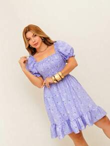 RAINBOW Women's Short Princess Floral Dress With Puff Sleeves And Elasticated Fabric - Elegant Fashion - One Size Fits 36-42 (Brazilian Sizes) - Crepe Fabric - 128-112 利萊斯 - 查看 6