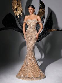 Stunning Beads Sequins Stitching Evening Gown Sequin Formal Dress For Party, Prom, Dinner, Galas Women Strapless Sleeveless Mermaid Hem Maxi Dresses Wedding Spring - Champagne - View 4