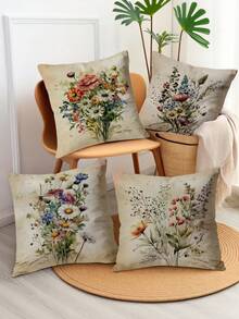 4 Peças Capas de Almofada com Estampa Aquarela Vintage, Adequadas para Diversos Tipos de Almofadas em Quartos, Decoração de Dormitório, Decoração de Feriados, Decoração de Festas (Sem Enchimento de Almofada) (Sem Bordado) (Múltiplos Tamanhos) (Impressão Unilateral) - Multicolorido - Visão 2