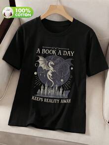 Fantasy Dragon City "Daily Good Book" Pattern Short Sleeve T-Shirt - Vintage Style, Dedicated To Book Lovers | Women's Pure Cotton T-Shirt - Black - View 7