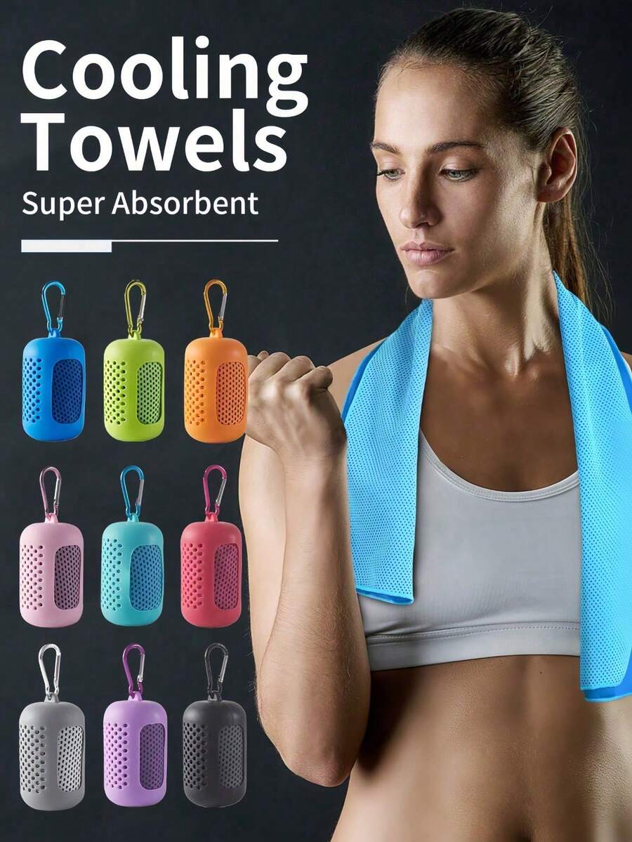 Macaron-Inspired Cooling Towel, Portable, Foldable, Quick-Drying With Hook And Loop Design, High-Density Cooling, Breathable, Sweat-Absorbent, Perforated Silicone Storage Box, 30*100cm, Gym Essentials