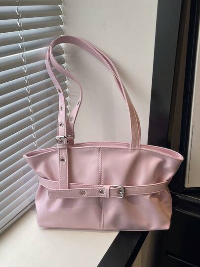 1pc Vintage Large Capacity Tote Bag, Commuter Oversized Underarm Bag, Fashionable Motorcycle Bag, PU Solid Color Oiled Wax Leather, Strap Decor, Zipper Closure, Women's Shoulder Bag For Work/School/Travel/Shopping/Business, Suitable For Daily Use