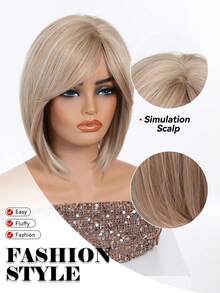 10英寸金根深色挑染短直波波头假发，女士耐热合成纤维假发，带刘海，黑白中分短直发假发，美丽日常女士合成纤维假发 - 挑染金色 - 查看 9