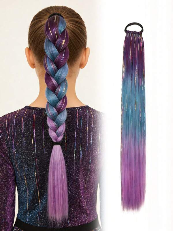 1pc 24-Inch Purple Braided Wig For Girls, With Long Straight Hair Texture, Heat-Resistant Fluffy Ponytail Accessory, Suitable For Girls' Daily, Party, Gathering