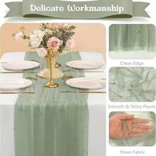 4pcs Of Elegant Green Faux Pearl Tulle Table Runners - Perfect For Weddings, Bridal Showers, And Special Occasions | Wrinkle-Resistant Embroidered Design | Suitable For Arch Decorations And Dessert Tables - Sage Green - View 5
