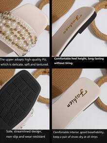 New Arrival Plus Size Luxury Anti-Slip Square Toe Mule Slippers With Rhinestone & Pearl Decor, Fashionable & Versatile For Beach & Resort Wear - Beige - View 6