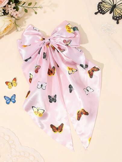 1 chiếc kẹp tóc hình bướm in hình cho nữ, nơ ruy băng màu hồng, kẹp cá sấu có đuôi lớn, hình bướm sống động, kẹp tóc du lịch, quà tặng Ngày của Mẹ, phụ kiện tóc cho nữ