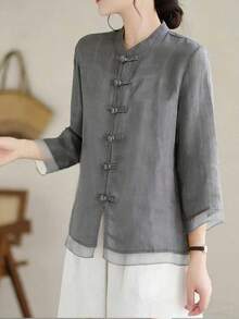 Loose Retro Chinese Style Three-Quarter Sleeve Patchwork Design Shirt Summer - Grey - View 3