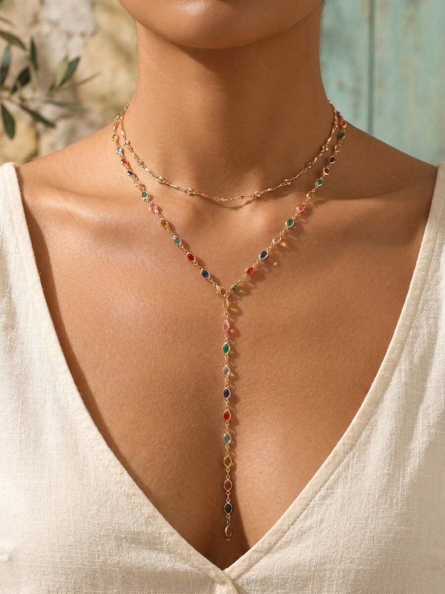 2pcs/Set Fashion Colorful Rhinestone Chain Y-Necklace, Unique Necklace Suitable For Daily Wear And Party/Music Festival, Chain Length Can Be Customized, Rhinestone Colors Are Random - Multicolor - View 1
